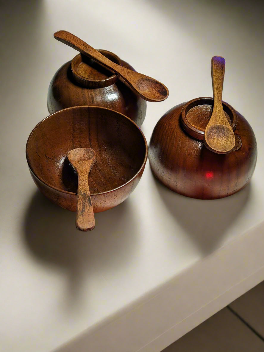 Rustic Wooden Bowl & Spoon Set – 3-Piece Handcrafted Kitchenware