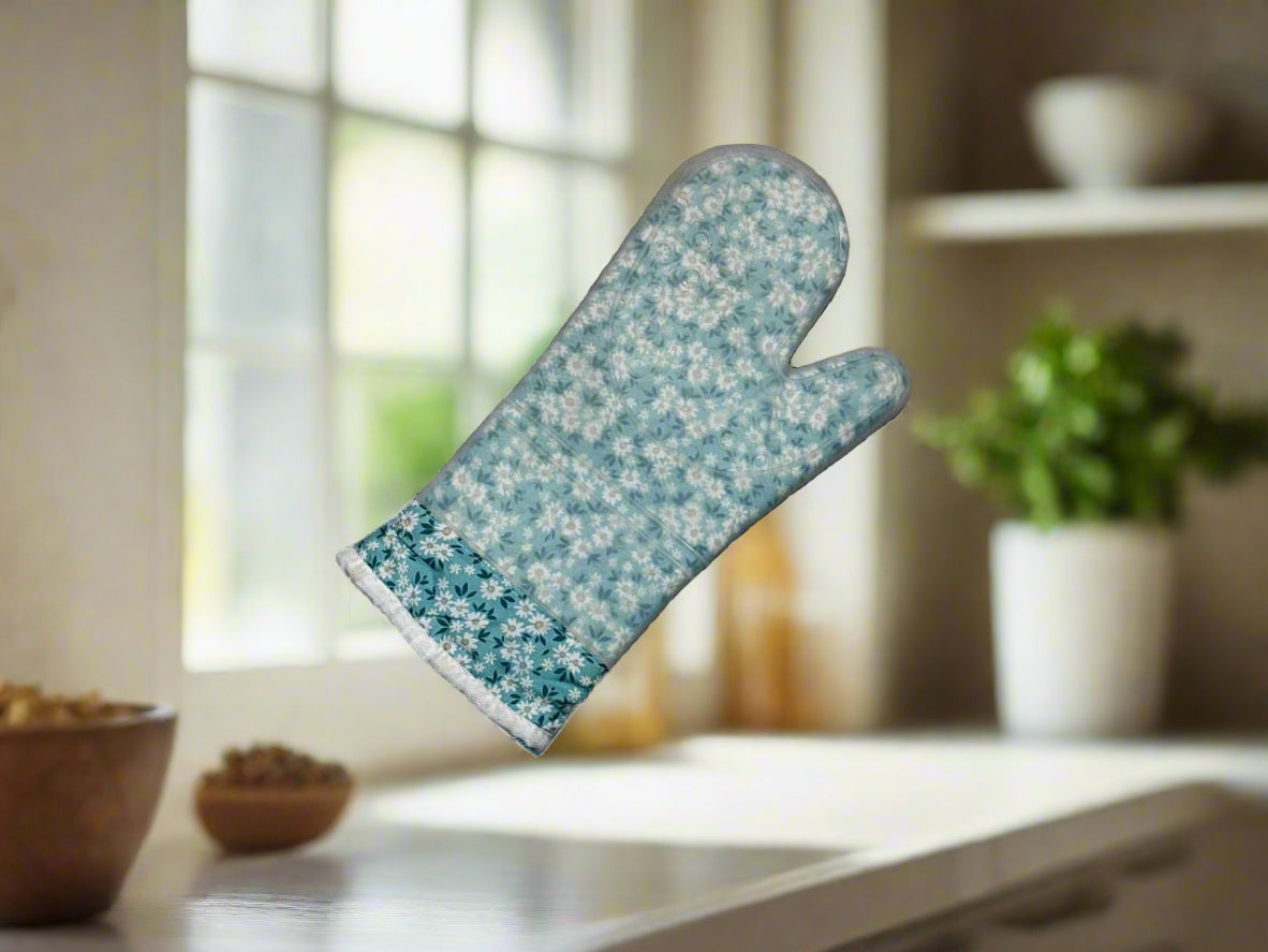 Heat Resistant Oven Mitt & Non-Slip Kitchen Mat – Sky Blue & Classic Grey
